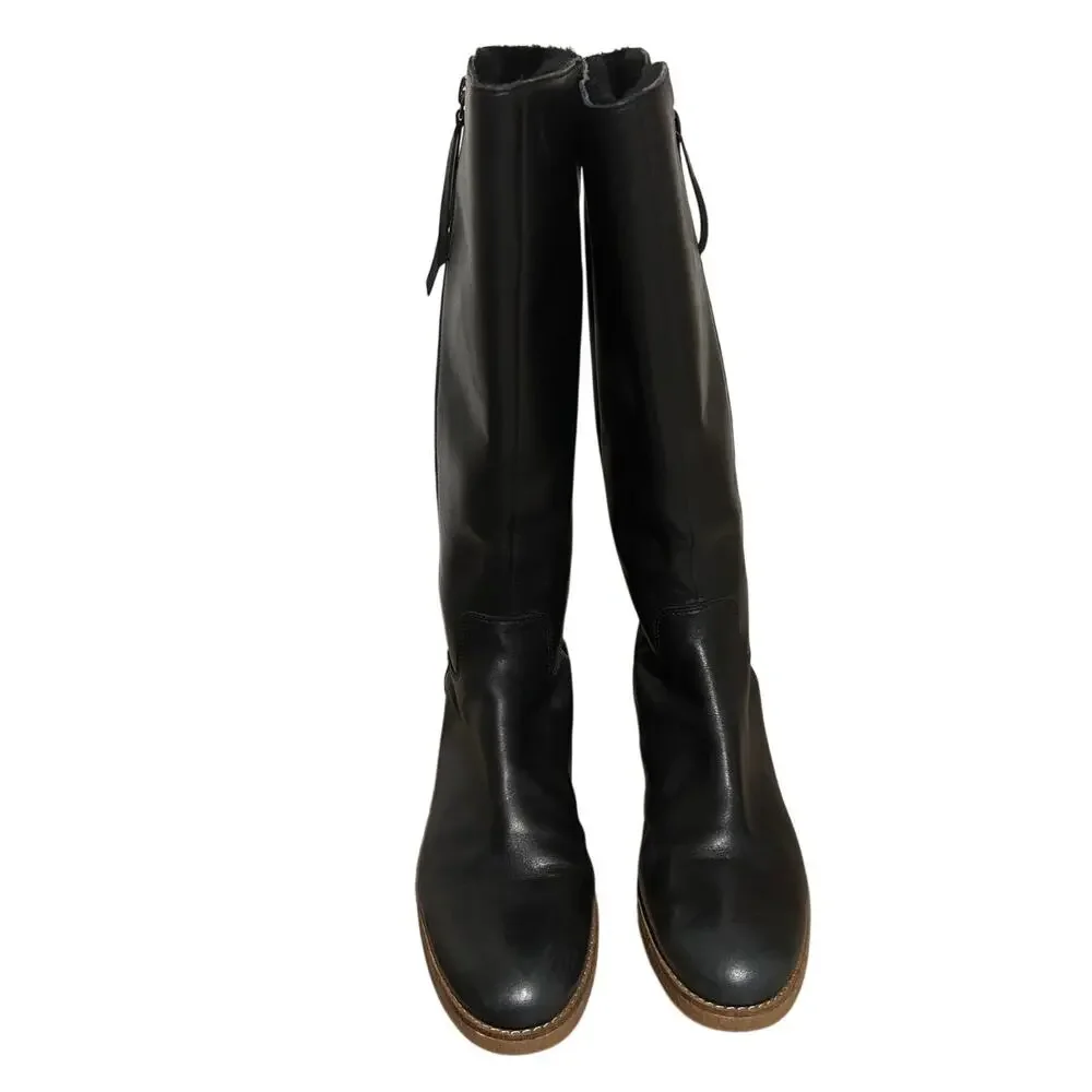 Cole Haan Grand.ØS Waterproof Tall Boots 9.5 Black Leather Fur Lined Side Zip